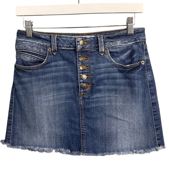 Retro Guess Jeans Denim Mini Skirt Button Front Frayed Hem 5 Pocket Size 28 - Picture 1 of 10